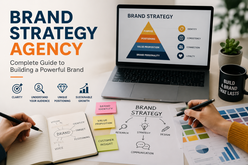 Brand Strategy Agency: 10 Proven Ways to Build a Brand Professional brand strategy agency guide featuring business planning, brand positioning, target audience analysis, visual identity development, and marketing roadmap elements designed to help companies build a strong and memorable brand.