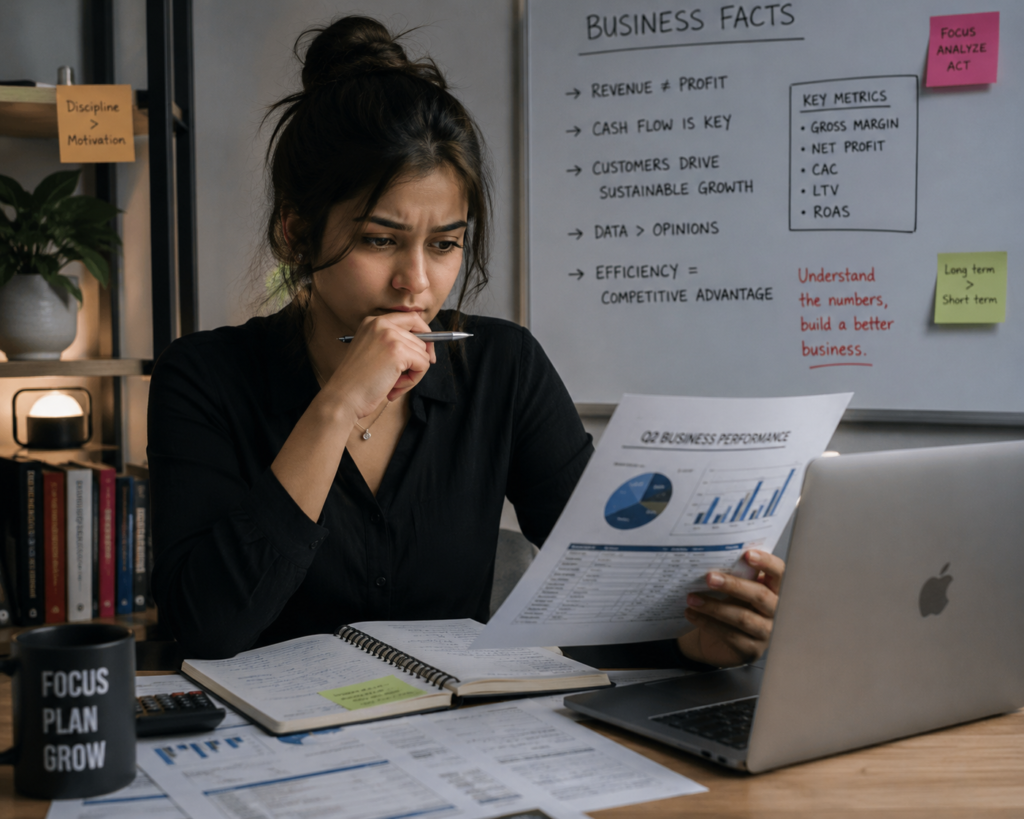 Business owner looking confused while reviewing brand strategy documents, marketing plans, and branding elements, representing the challenges companies face when developing a clear and effective brand strategy.