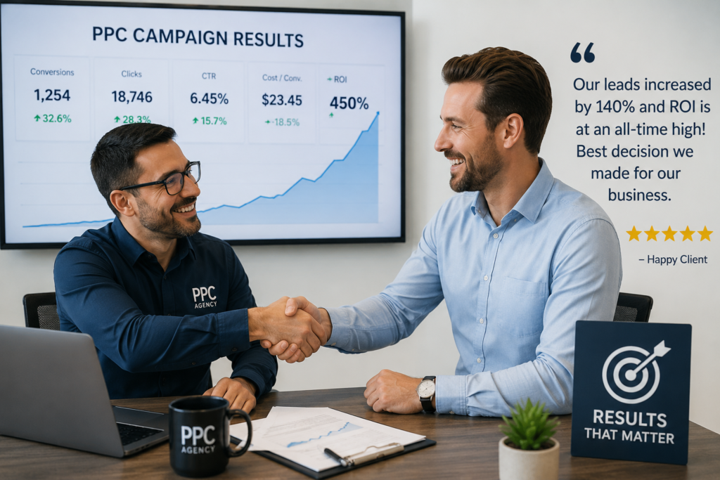 PPC Management Agency: 10 Effective Strategies to Grow Happy client shaking hands with a PPC management agency expert after achieving successful Google Ads campaign results, with a dashboard displaying increased conversions, higher ROI, and improved advertising performance.