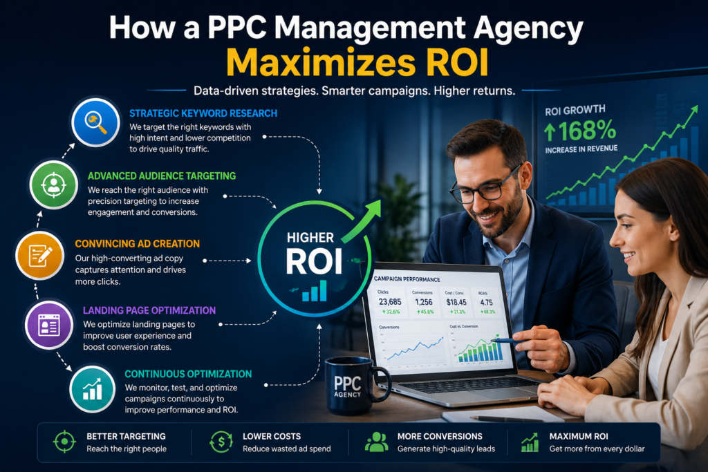 PPC Management Agency: 10 Effective Strategies to Grow Digital marketing specialists optimizing PPC campaigns on an analytics dashboard, showing keyword research, audience targeting, bid management, conversion tracking, and increasing ROI through data-driven advertising strategies.