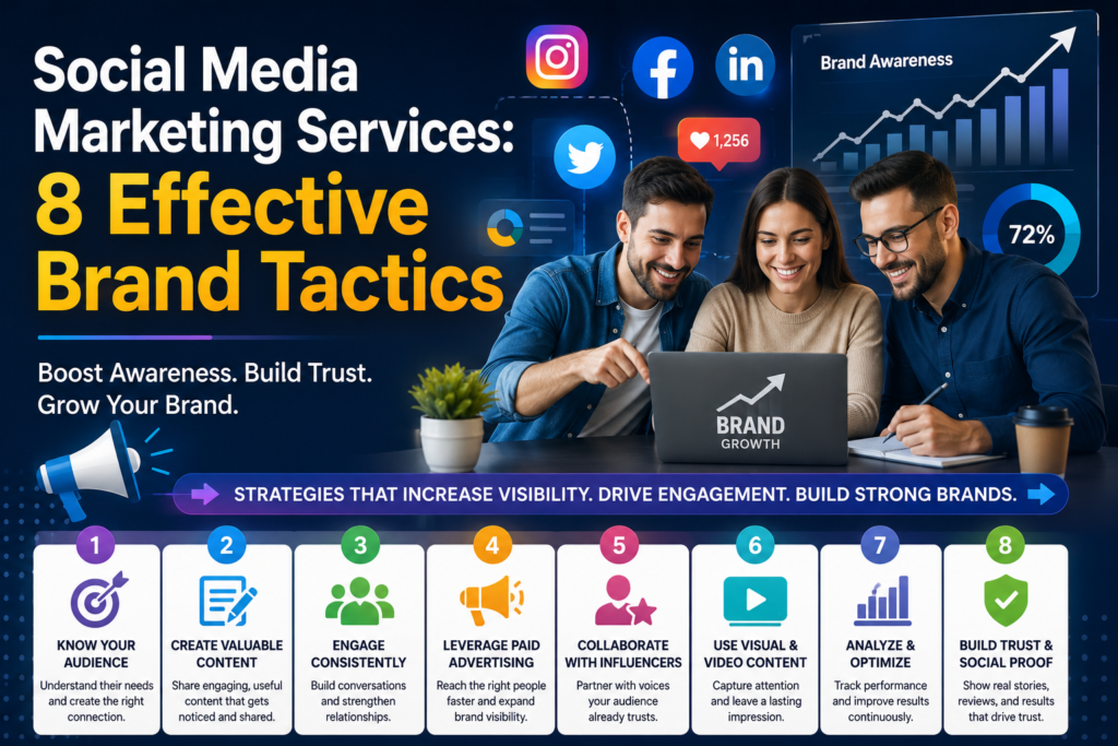 Professional social media marketing services team managing brand campaigns, content strategy, audience engagement, and business growth across digital platforms.