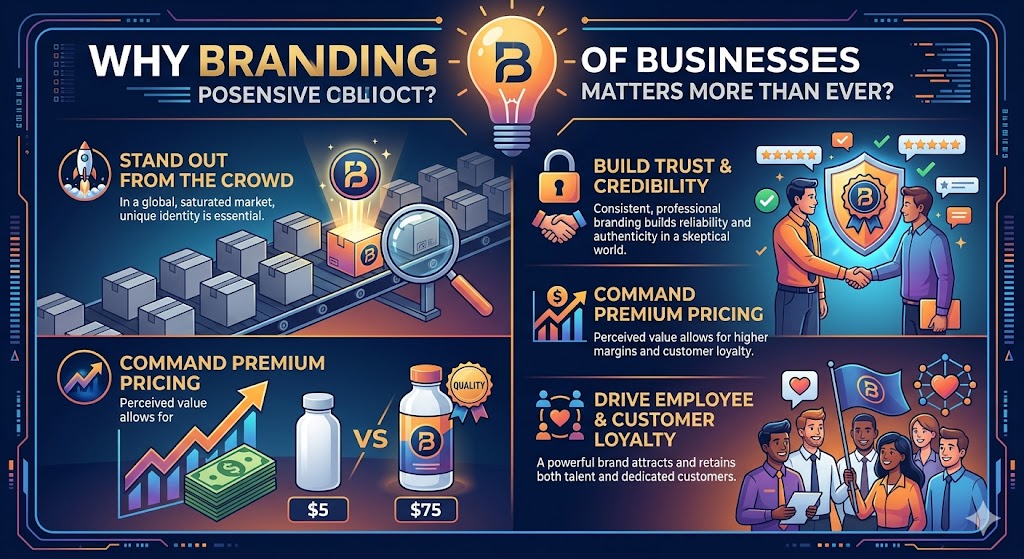 Modern business professionals discussing brand identity, customer trust, and digital marketing strategies, illustrating why branding is more important than ever for building recognition, loyalty, and competitive advantage in today