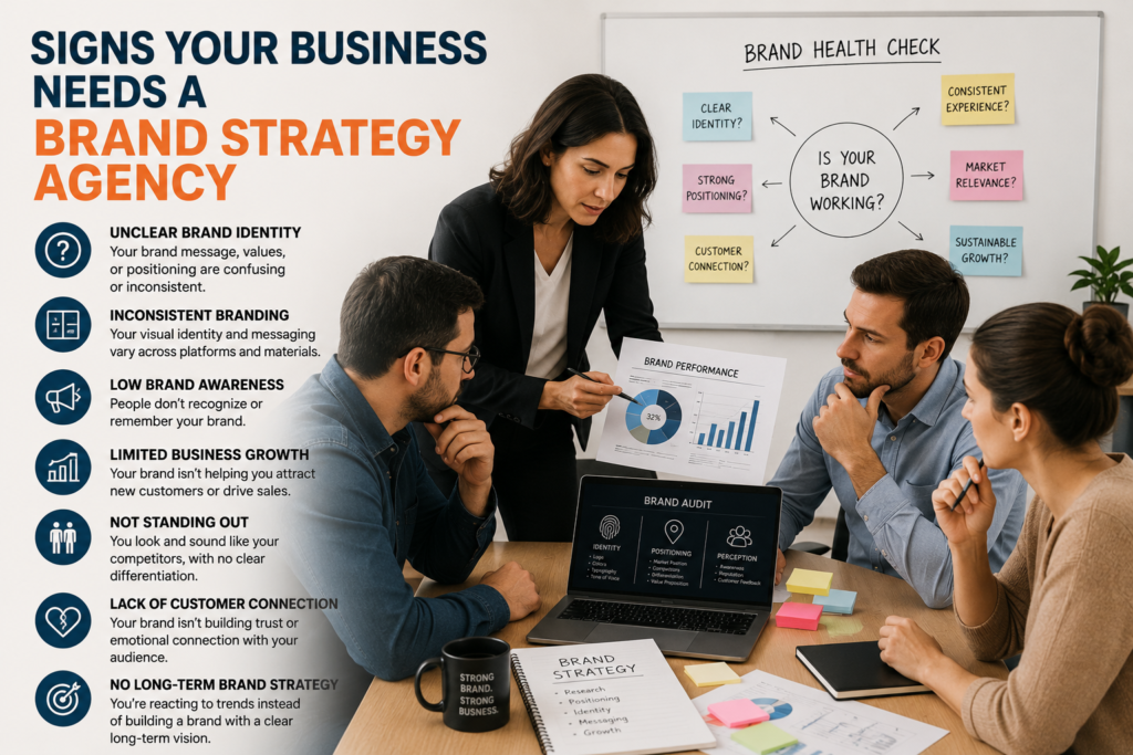 Professionals reviewing branding challenges and growth opportunities with a brand strategy consultant.